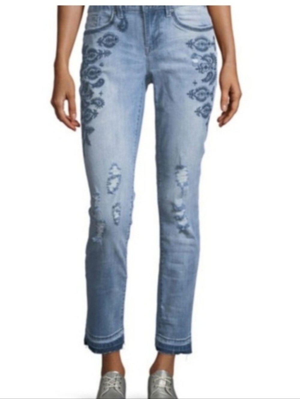 Nanette Lepore Embroidered Boyfriend Jeans Released Raw Hem Size 6